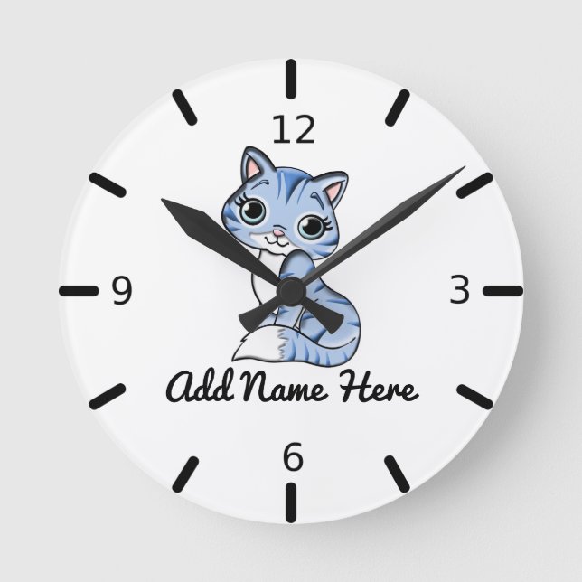 Reloj Redondo Mediano Cuto gatito azul personalizado grande (Anverso)