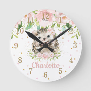 Reloj Redondo Mediano Cuto Hedgehog Rosa Rubor Chica Floral Decoración D