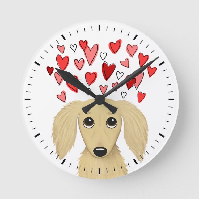 Reloj Redondo Mediano Dachshund crema de cabello largo con perro de cora (Anverso)