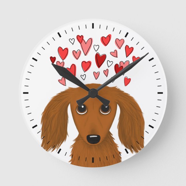 Reloj Redondo Mediano Dachshund de cabello largo con los corazones de Sa (Anverso)