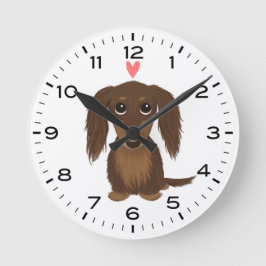 Reloj Redondo Mediano Dachshund de pelo largo de chocolate con perro de 