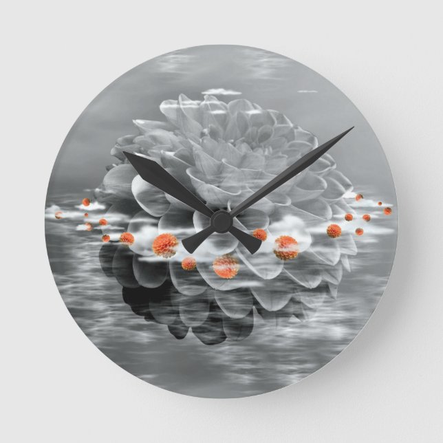 Reloj Redondo Mediano Dahlia flotante en blanco y negro (Anverso)