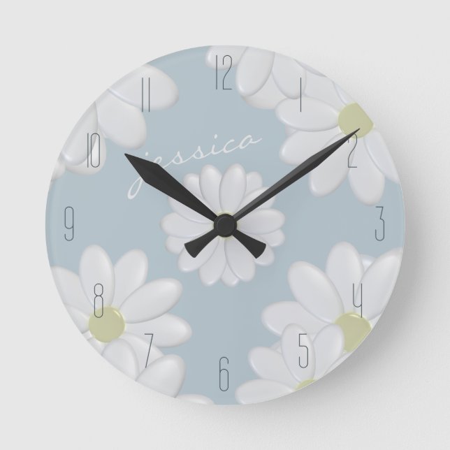 Reloj Redondo Mediano Daisies Springtime Blue Modern Floral Daisy Clock (Anverso)