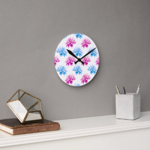 Reloj Redondo Mediano Dalia rosa, Dalia azul, patrón floral, flores