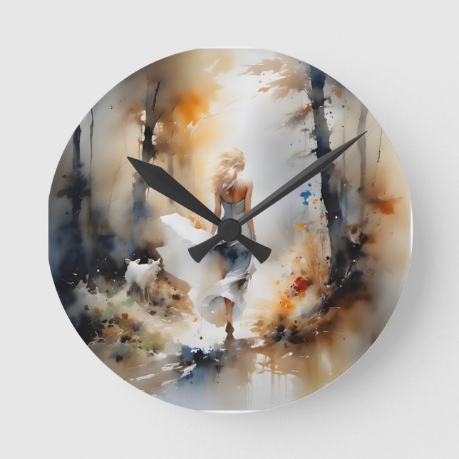 Reloj Redondo Mediano Dama Caminando Por Un Bosque (Anverso)