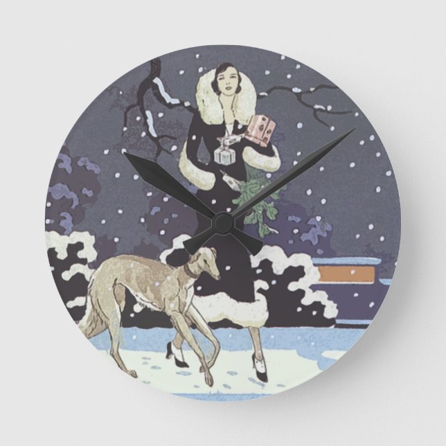 Reloj Redondo Mediano Dama De Borzoi De Vacaciones En Nieve (Anverso)