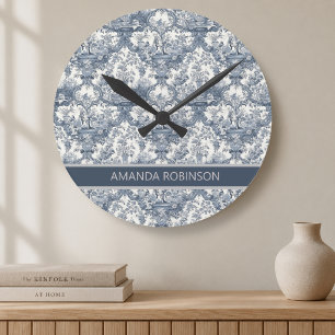 Reloj Redondo Mediano Damás floral vintage Monograma azul toile de jouy