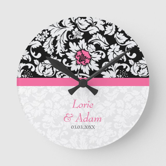 Reloj Redondo Mediano Damasco Blanco Con Flor Rosa (Anverso)