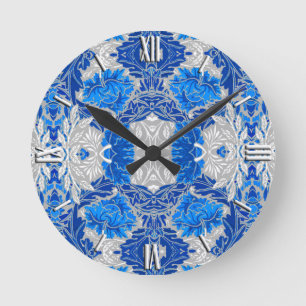 Reloj Redondo Mediano Damasco floral, azul zafiro y gris