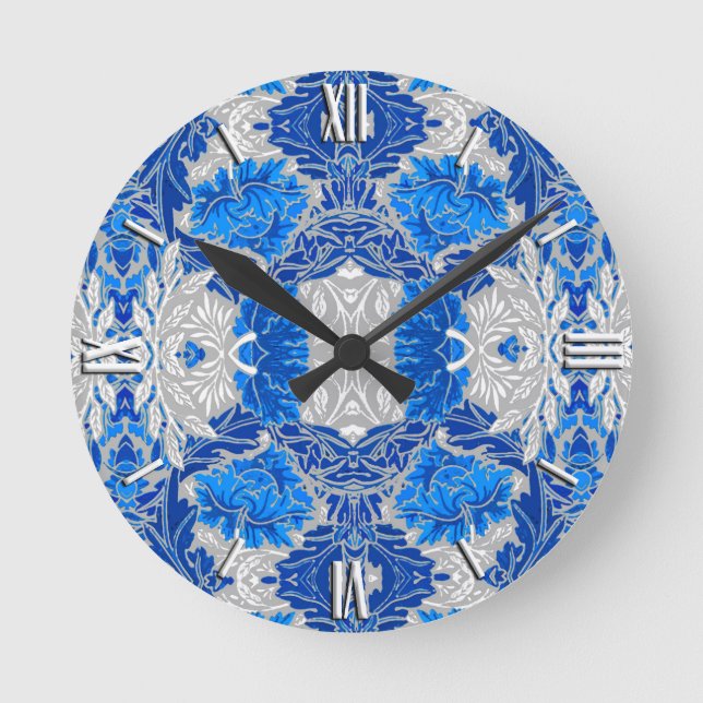 Reloj Redondo Mediano Damasco floral, azul zafiro y gris (Anverso)