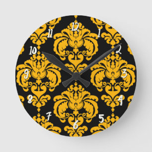 Reloj Redondo Mediano Damasco Moderno Personalizado Amarillo Intenso y N