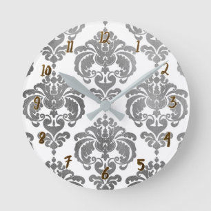 Reloj Redondo Mediano Damasco plateado y blanco Glam moderno personaliza