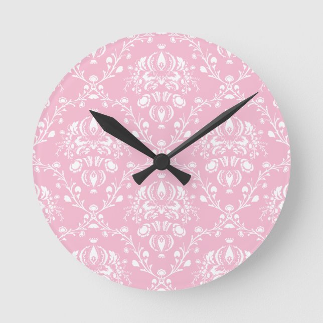 Reloj Redondo Mediano Damasco rosa y blanco (Anverso)