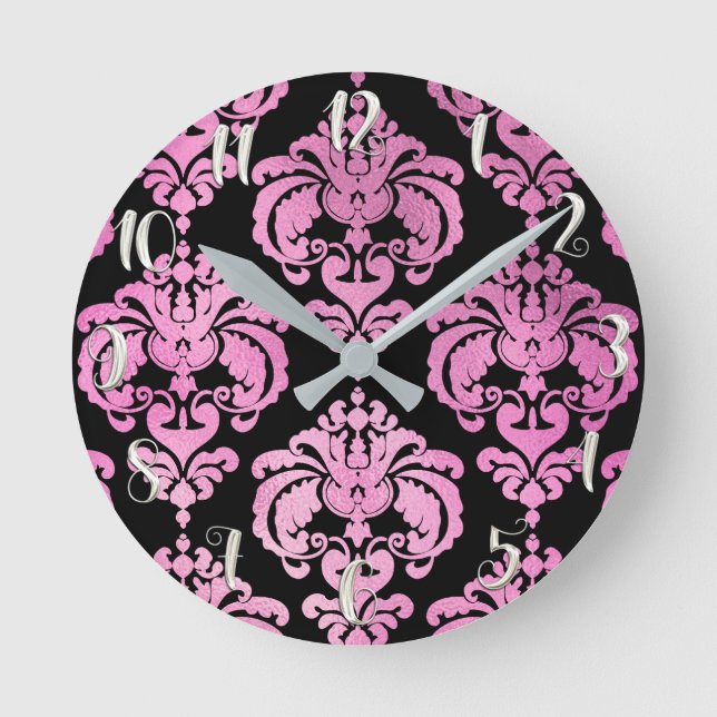 Reloj Redondo Mediano Damasco rosa y negro moderno personalizado (Anverso)