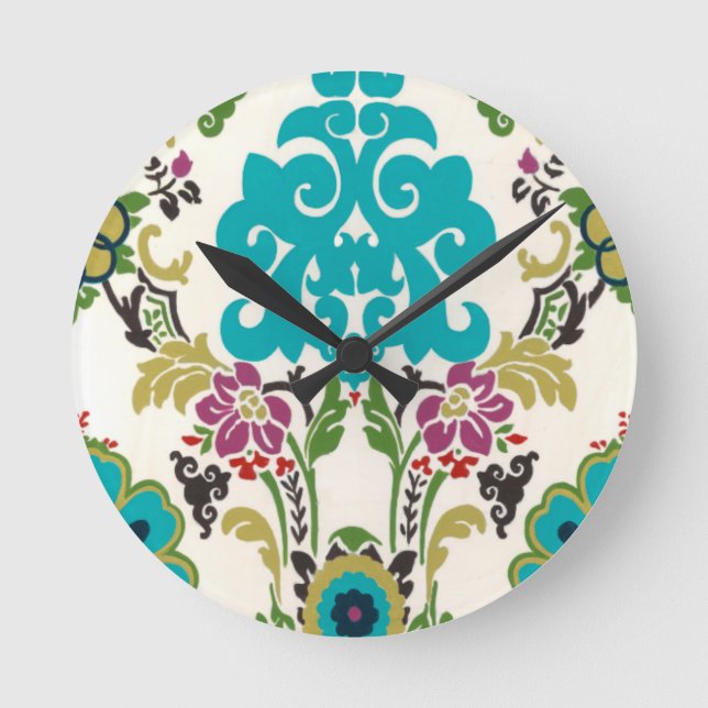 Reloj Redondo Mediano Damask Floral Patterns Plum Turquoise (Anverso)