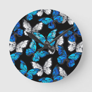 Reloj Redondo Mediano Dark Seamless Pattern with Blue Butterflies Morpho