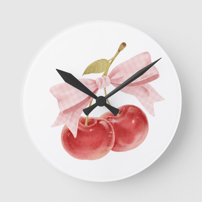 Reloj Redondo Mediano Decoración de chica de cerezas, Coquette Rosa Bow  (Anverso)