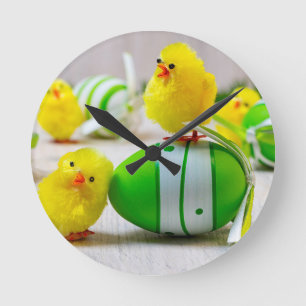 Reloj Redondo Mediano Decoración de Pascua - Huevo de Pascua y pollitos