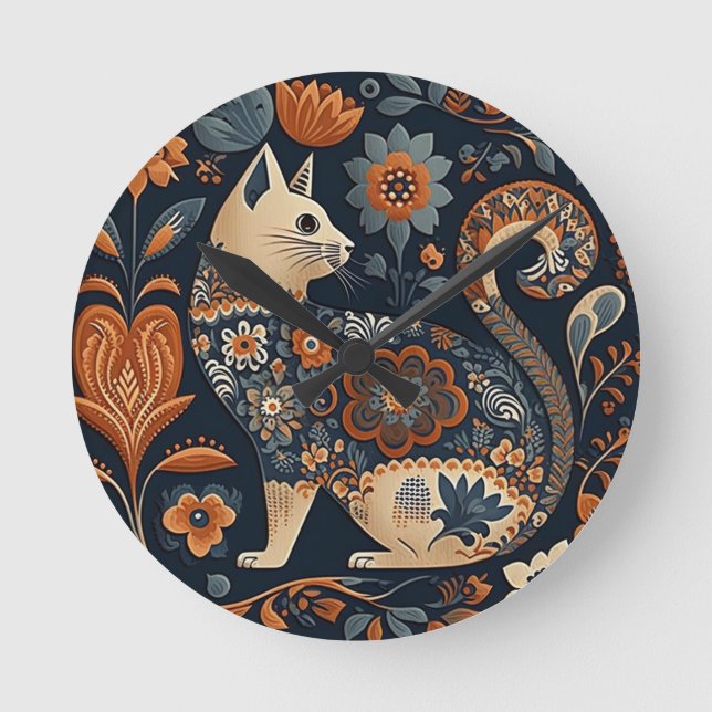 Reloj Redondo Mediano Decoración del arte folclórico del gato (Anverso)