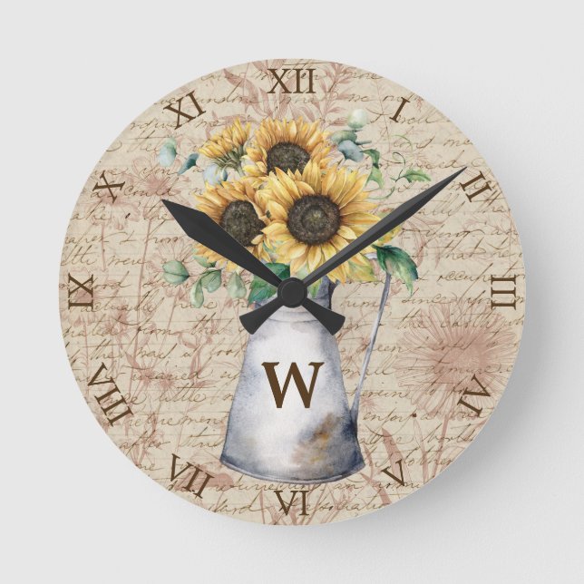 Reloj Redondo Mediano Decoupage de letra vintage de girasol rústico con  (Anverso)