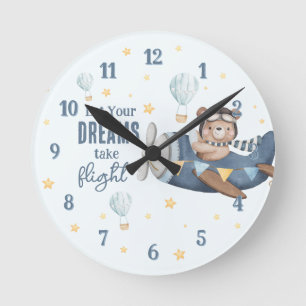 Reloj Redondo Mediano Deja que tu sueño vuele Oso lindo Avión azul