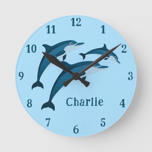 Reloj Redondo Mediano Delfines azules curtidos niños Wall Clock (Anverso)