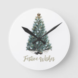 Reloj Redondo Mediano Deseos festivos. Diseño de árbol de Navidad