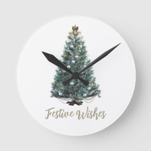 Reloj Redondo Mediano Deseos festivos. Diseño de árbol de Navidad