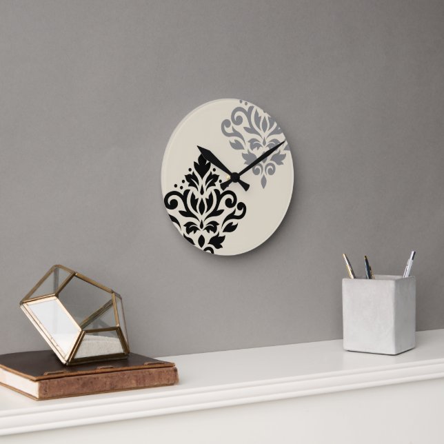 Reloj Redondo Mediano Desplazar el arte Damask I Crema gris negro (Oficina)
