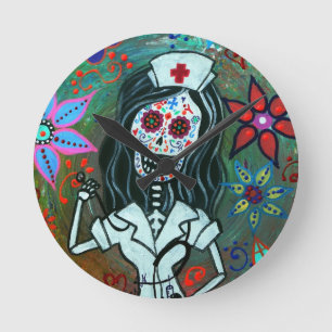 Reloj Redondo Mediano Dia de los Muertos Nurse RN painting