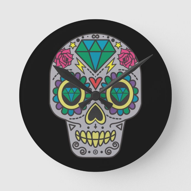 Reloj Redondo Mediano Día de los Rosas muertos y crystal Skull en negro (Anverso)