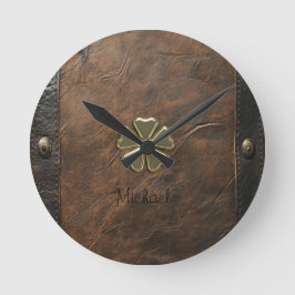 Reloj Redondo Mediano Día de San Patricio Trebol Dorado, Cuero Marrón