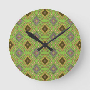 Reloj Redondo Mediano Diamante Rombo Floral Rosa Patrón Verde