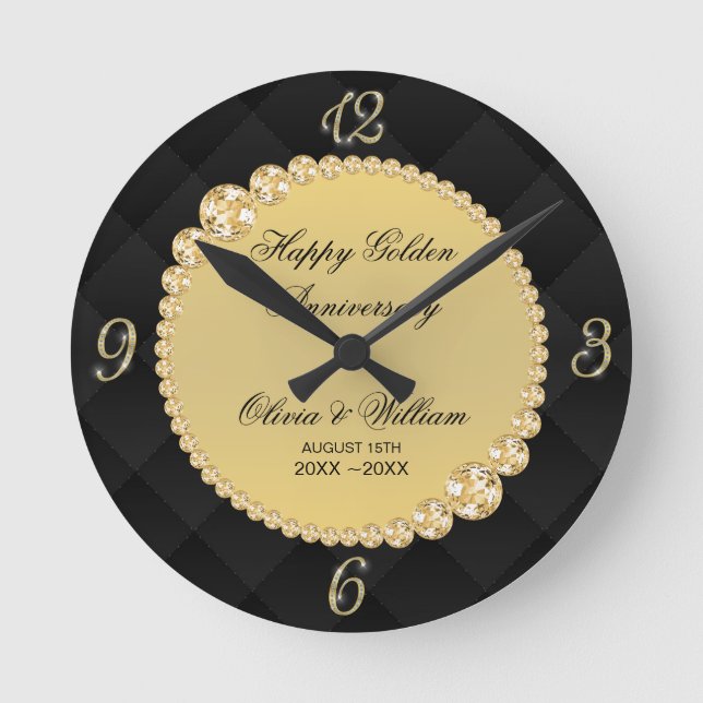 Reloj Redondo Mediano Diamantes De Lujo Negro Y Oro (Anverso)