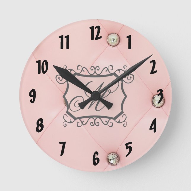 Reloj Redondo Mediano Diamond Bling Pink Monogram Initial Wall Clock (Anverso)