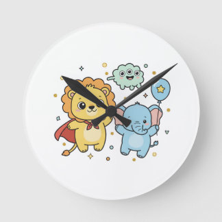 Reloj Redondo Mediano Dibujo animado de amigos león y elefante superhéro