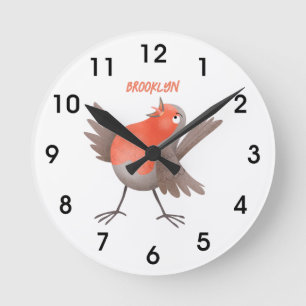 Reloj Redondo Mediano Dibujo animado de pájaro petirrojo cantando lindo