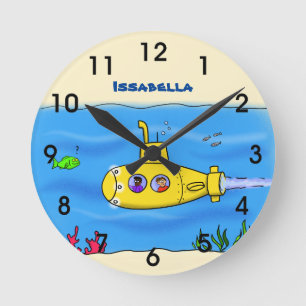 Reloj Redondo Mediano Dibujo animado de submarino feliz