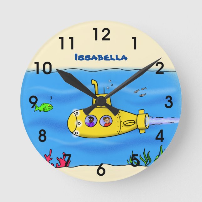 Reloj Redondo Mediano Dibujo animado de submarino feliz (Anverso)
