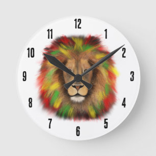 Reloj Redondo Mediano Dibujo de cabeza de león Rasta rojo amarillo verde