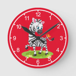 Reloj Redondo Mediano Dibujo de cebra bebé jugando con mariposa