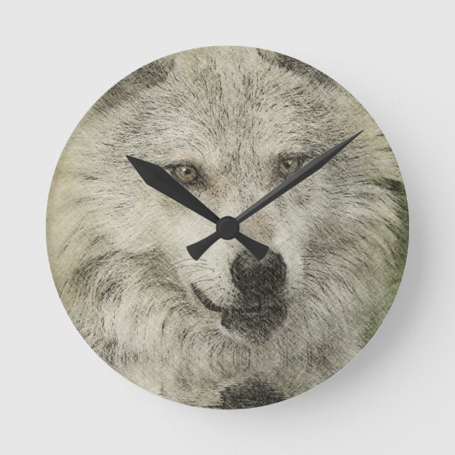 Reloj Redondo Mediano Dibujo de Ilustracion de lápiz Lobo plateado (Anverso)