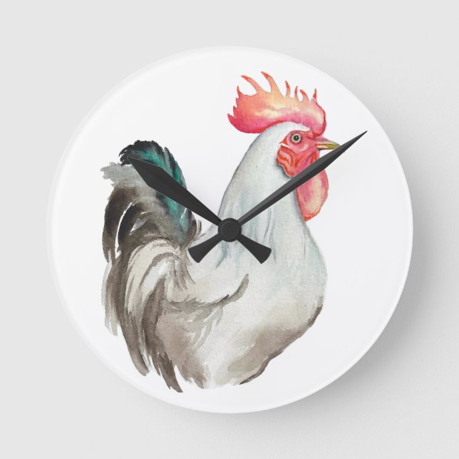 Reloj Redondo Mediano Dibujo manual de acuarela de un gallo (Anverso)