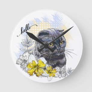 Reloj Redondo Mediano Dibujo manual gracioso gato negro británico con fl