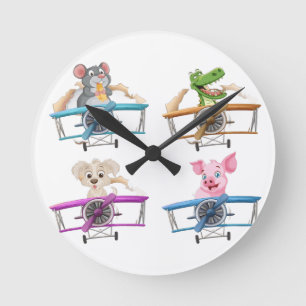 Reloj Redondo Mediano Dibujos Animados De Animales Pilotos Avión Guarder
