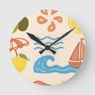 Reloj Redondo Mediano Dibujos de limón de playa Vibraciones juguetonas d
