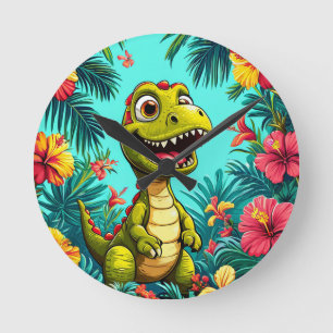 Reloj Redondo Mediano Dinosaurio de dibujos animados alegres con flores 