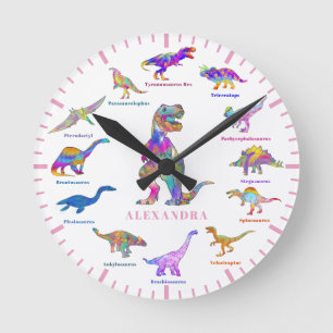 Reloj Redondo Mediano Dinosaurios coloridos con nombres