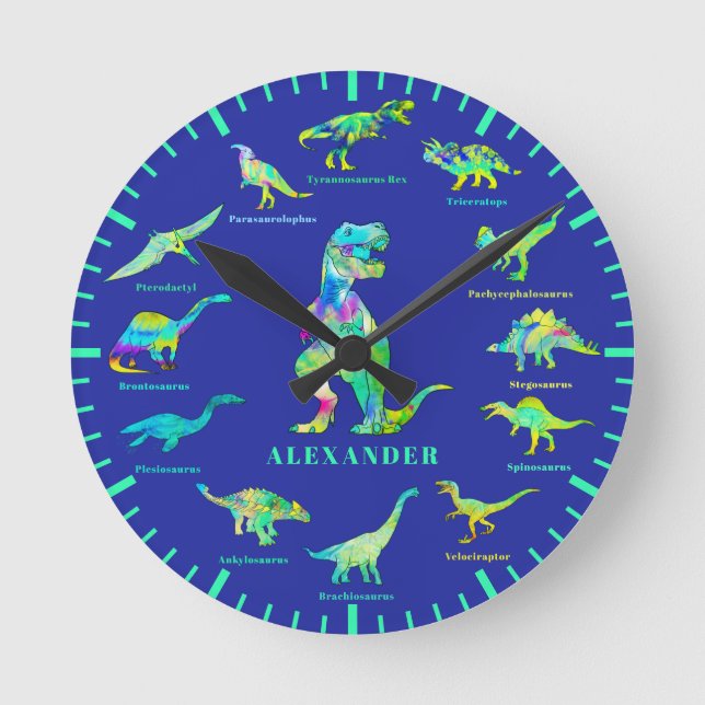 Reloj Redondo Mediano Dinosaurios con nombres Verde azul personalizado (Anverso)