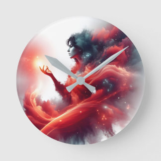 Reloj Redondo Mediano Diosa Celestial Cósmica Galaxia de Nube Roja Abstr